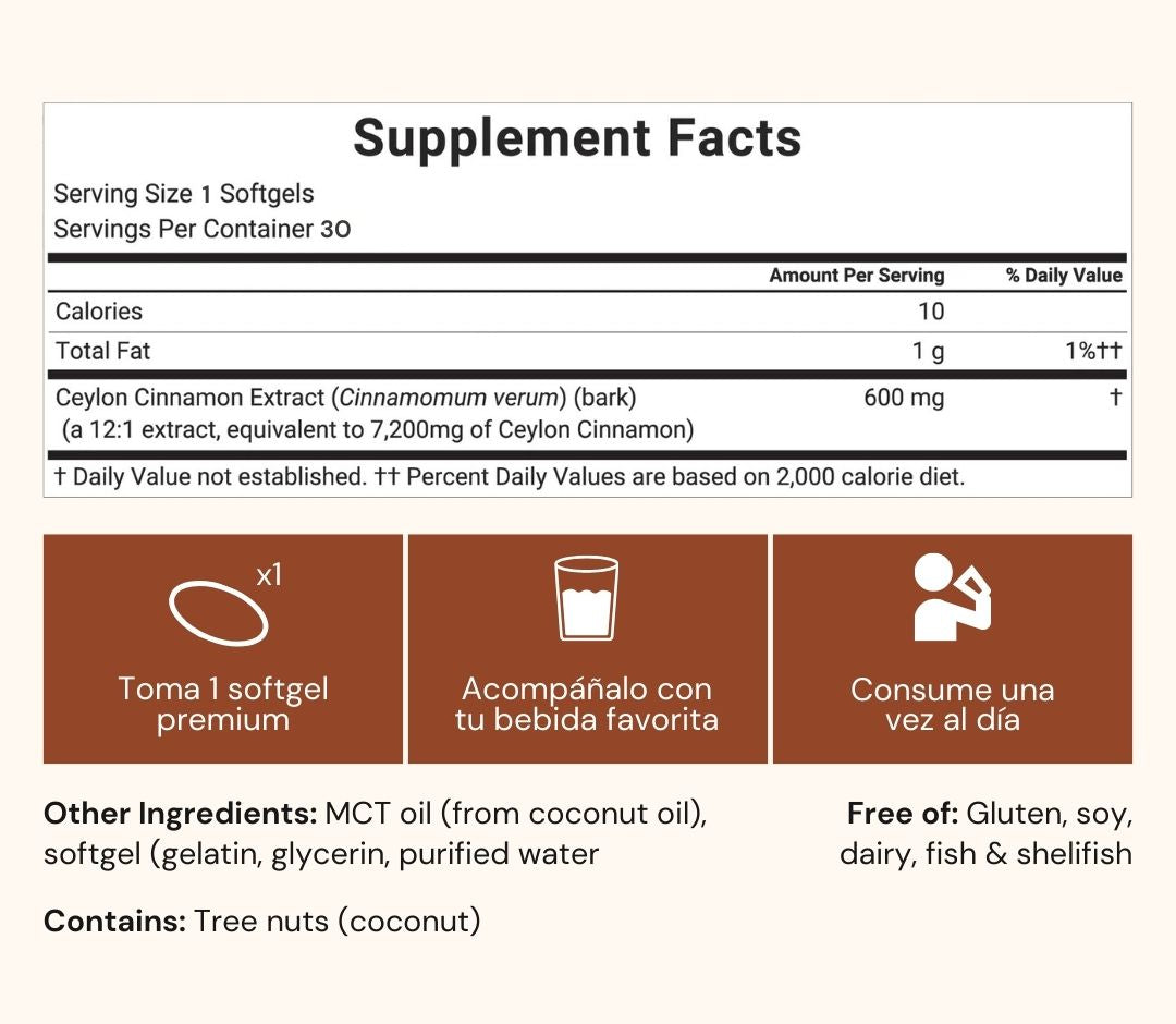 Ceylon Cinnamon equivalente a 7,200 mg con Aceite MCT